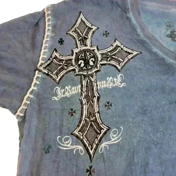 Raw State XL T-shirt Men's Blue Grunge Y2k Punk Cross Wings Vengeance Rock Metal - Picture 13 of 14